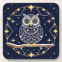 複雑なデザインの夜のふくろうイラスト コースター