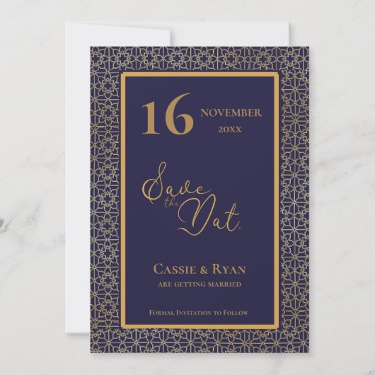 複雑なデザインブルー金ゴールド結婚式の日付を保存 招待状 (正面)