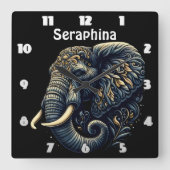 複雑なパターン(の模様が)ある象アート スクエア壁時計 (正面)