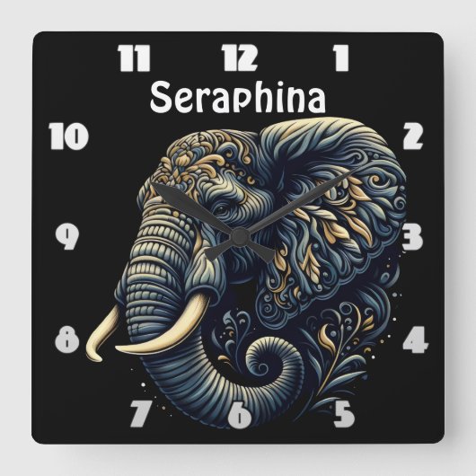 複雑なパターン(の模様が)ある象アート スクエア壁時計 (正面)