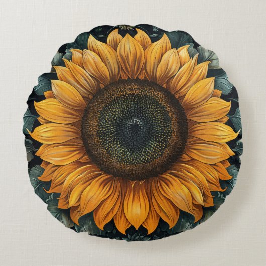 複雑なヒマワリ植物芸術 ラウンドクッション (正面)