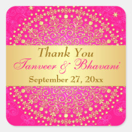 複雑なピンクの金ゴールドのスクロール結婚、ドットのステッカー スクエアシール