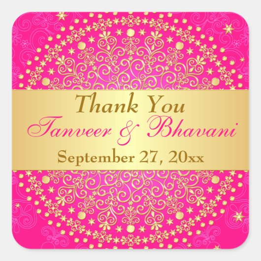 複雑なピンクの金ゴールドのスクロール結婚、ドットのステッカー スクエアシール (正面)