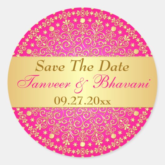 複雑なピンクの金ゴールドのスクロール結婚、ドットのステッカー ラウンドシール (正面)