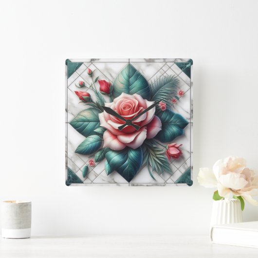 複雑なフローラタイルモザイクのアートワーク スクエア壁時計 (ホーム)