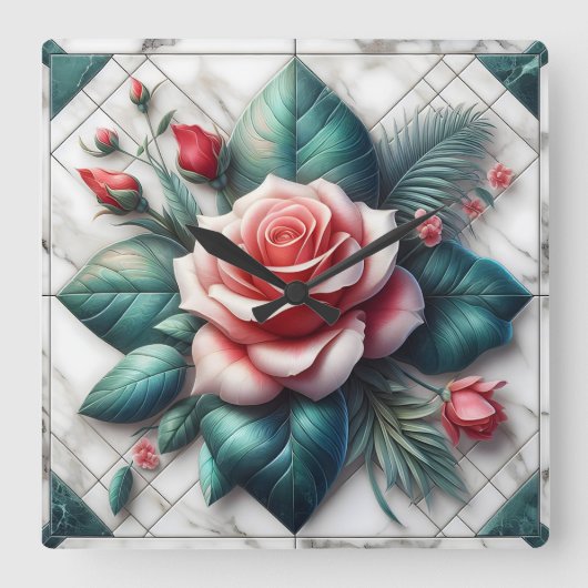 複雑なフローラタイルモザイクのアートワーク スクエア壁時計 (正面)