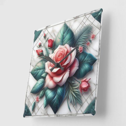 複雑なフローラタイルモザイクのアートワーク スクエア壁時計 (傾斜)