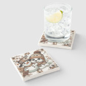 複雑なフローラ冬のワンダーランド：かわいい犬 ストーンコースター (横)