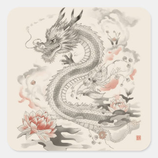 複雑な中国竜の線画デザイン スクエアシール