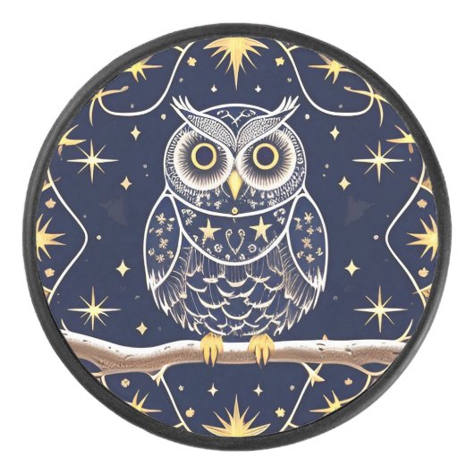 複雑な夜のフクロウのイラスト アイスホッケーパック (正面)