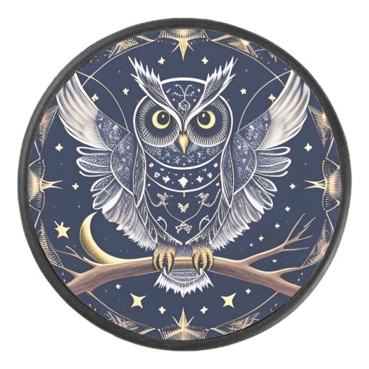 複雑な夜のフクロウのイラスト アイスホッケーパック (正面)