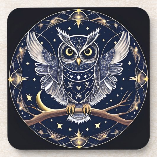 複雑な夜のフクロウのイラスト コースター (正面)
