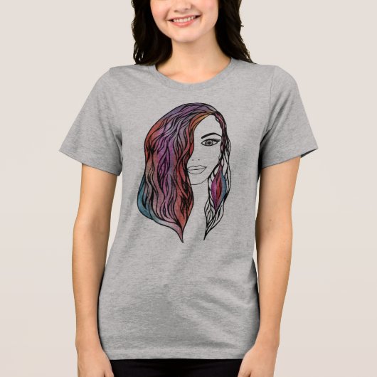複雑な少女の肖像線画 - 詳細な女性 トライブレンドTシャツ (正面)