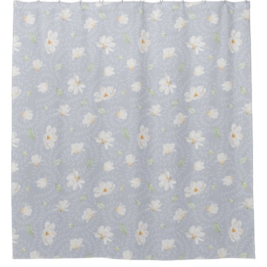 複雑な手絵を描白マグノリアダスティブルー シャワーカーテン (正面)