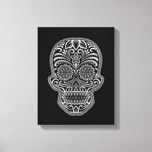 複雑な白糖スカルオンブラック キャンバスプリント (正面)