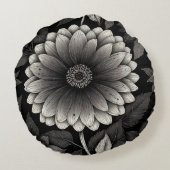 複雑な白黒フローライラストレーション ラウンドクッション (裏面)