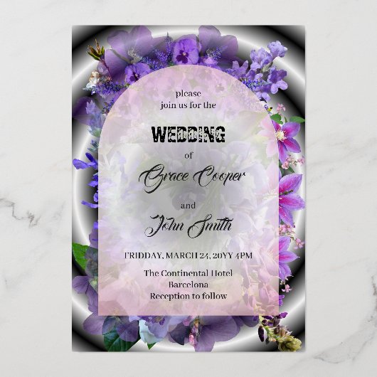 複雑な背景を持つ紫色のフローラ/ミニマリスト 箔招待状 (正面)