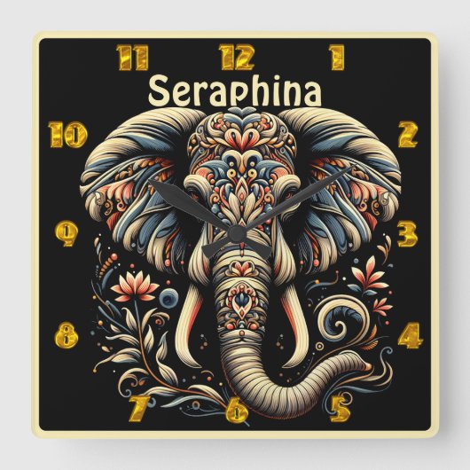 複雑な華美模様の飾られた象 スクエア壁時計 (正面)