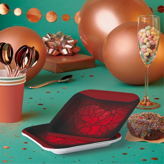 複雑な赤マンダラハートロマンチックなボホパターン ペーパープレート