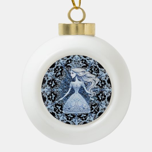 複雑な雪の結晶に囲まれた曇りプリンセス セラミックボールオーナメント (正面)