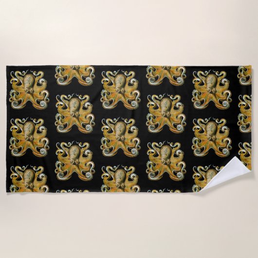 複雑な黄金のタコ ビーチタオル (正面)