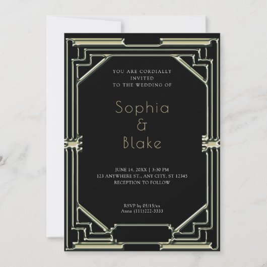 複雑な黒と緑のアールデコ結婚 招待状 (正面)