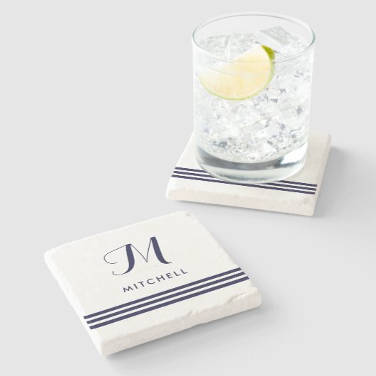 複雑にされる海軍は|の名前およびモノグラムを縞で飾ります ストーンコースター (横)