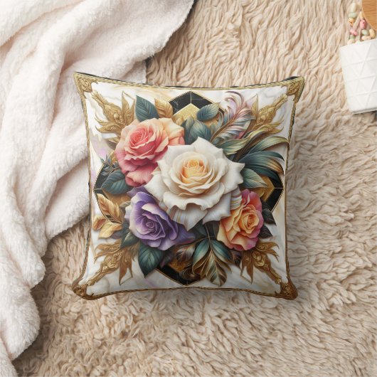 複雑エレガントなフローラデザインのバラ クッション (ブランケット)