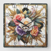 複雑エレガントなフローラデザインのバラ スクエア壁時計 (正面)