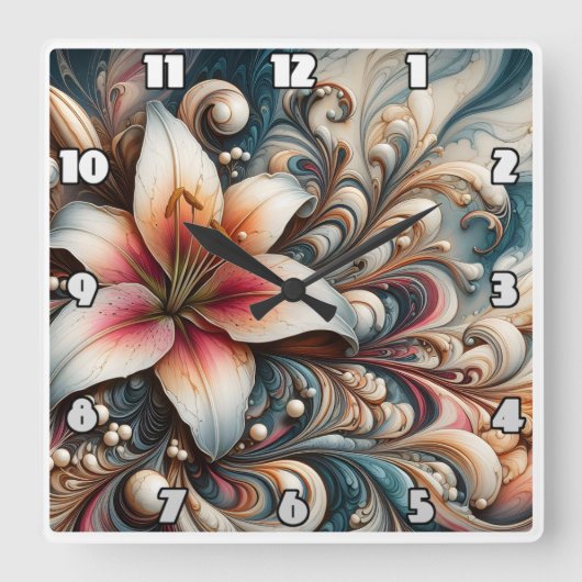 複雑エレガントな渦巻きと模様の間のユリ スクエア壁時計 (正面)