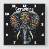 複雑カラフルな模様で飾られた象 スクエア壁時計 (正面)