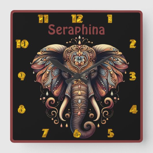 複雑威厳のあるな模様で飾られた象 スクエア壁時計 (正面)