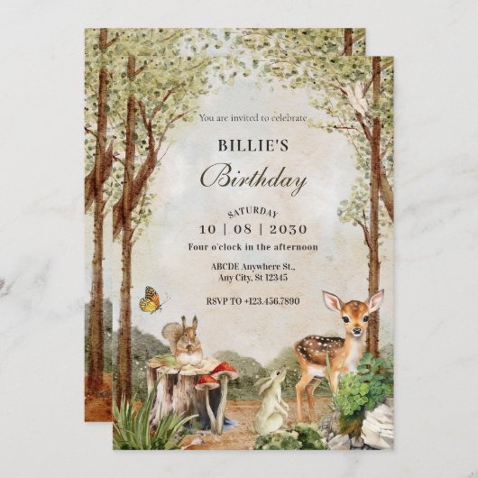 褐緑木野生生物自然誕生日 招待状 (正面/裏面)