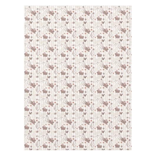 褐色と白の茶色のイースターバニストライプのー テーブルクロス (正面)