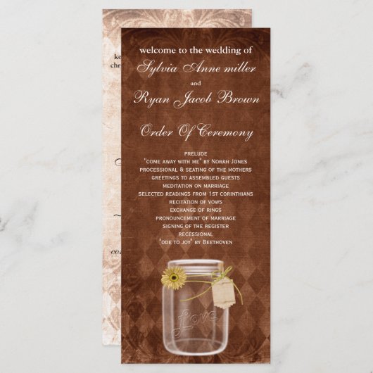 褐色の田舎臭いメイソンの瓶結婚式 プログラム (正面/裏面)