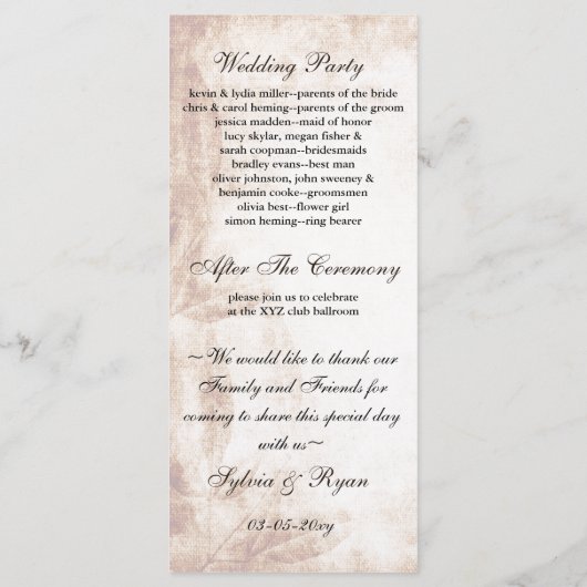 褐色の田舎臭いメイソンの瓶結婚式 プログラム (裏面)