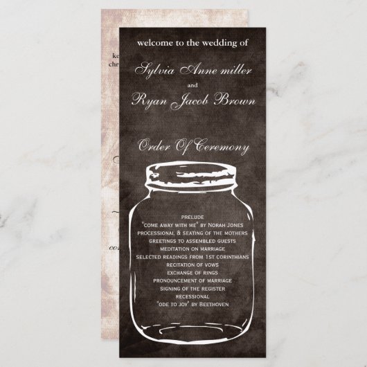 褐色の田舎臭いメイソンの瓶結婚式 プログラム (正面/裏面)