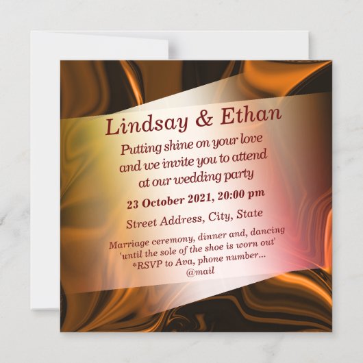 褐色の背景にサンゴと暗い曲線がある マグネット招待状 (正面)