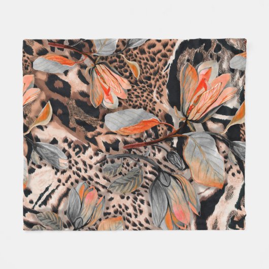 褐色の花のパターを持つ野生のアフリカの動物の皮 フリースブランケット (正面(横))