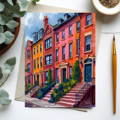 褐色砂岩の街並み水彩画カード