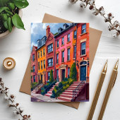 褐色砂岩の街並み水彩画カード