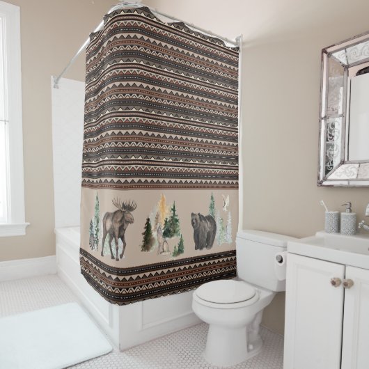 褐色部族の水彩木地動物の森 シャワーカーテン (インサイチュ)