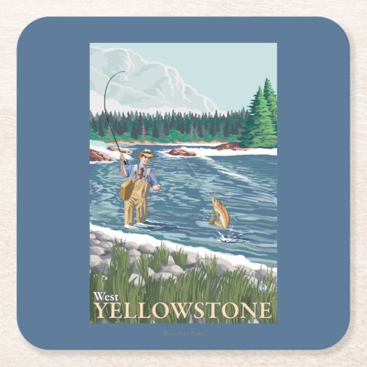 西のイエローストーン、モンタナ-はえの漁師 スクエアペーパーコースター (正面)