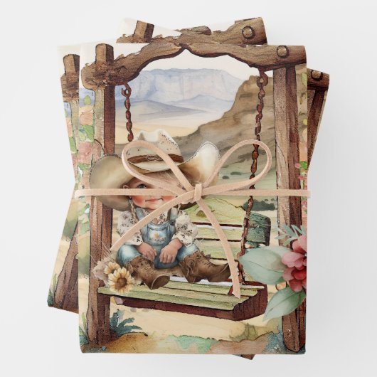 西のデカップスイングホース上の小さな女性のカーボーイ ラッピングペーパーシート (インサイチュ)