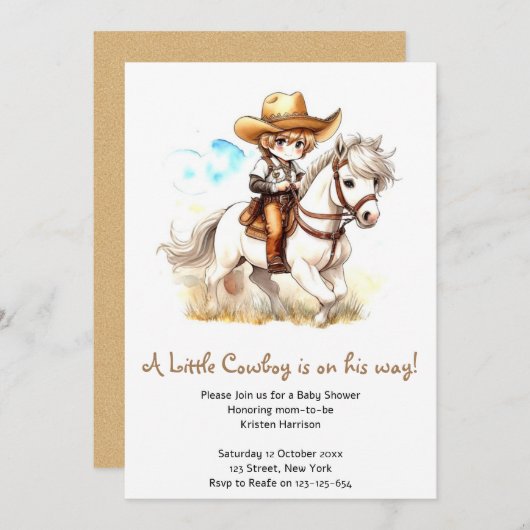 西の垣間見る：カウボーイ素朴ベビーシャワー 招待状 (正面/裏面)