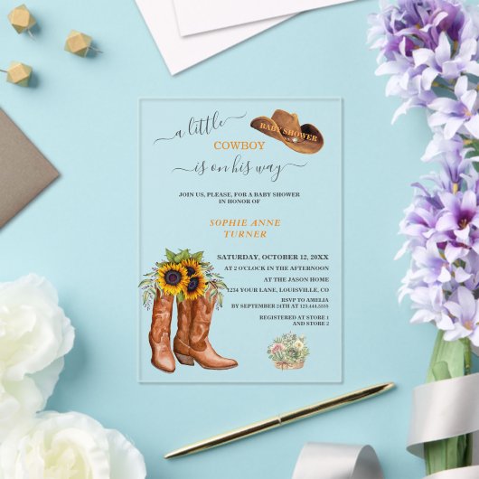 西の小さなカウボーイブーツ少年の赤ちゃんシャワー アクリル招待状 (インサイチュ (ウェディング))