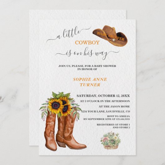 西の小さなカウボーイブーツ赤ちゃんシャワー 招待状 (正面/裏面)
