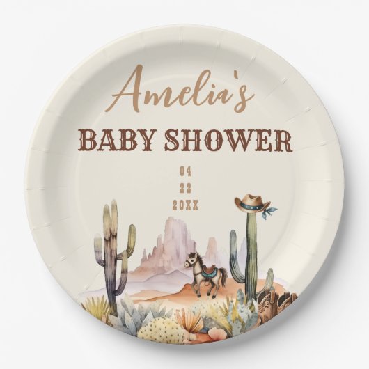 西の男の子の小さなカウボーイブラウンベビーシャワー ペーパープレート (正面)