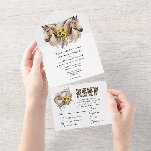 西の素朴な水色の馬ひまわり小屋 オールインワン招待状 (貼ってはがせる)