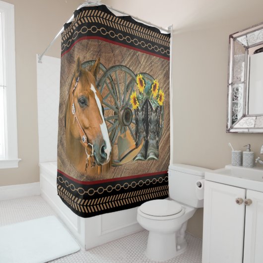 西の馬カウボーイブーツカウボーイハットワゴンホイール シャワーカーテン (インサイチュ)